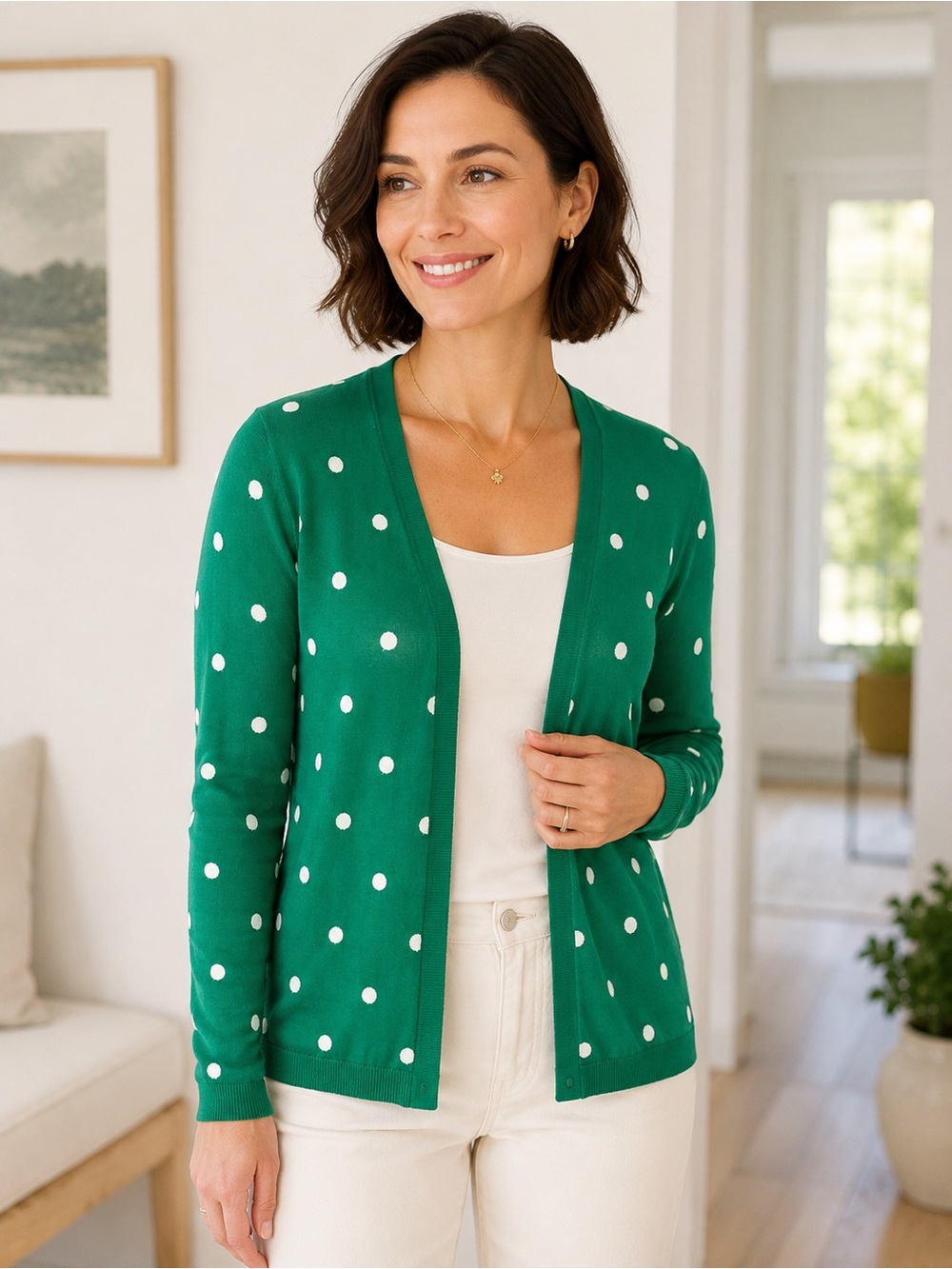 Talbots Petites Oprah Magazine Collection Green Polka Dot Cardigan Size SP